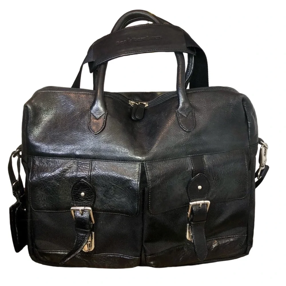RALPH LAUREN Black Leather and Canvas Laptop Messenger Shoulder Work Bag VTG